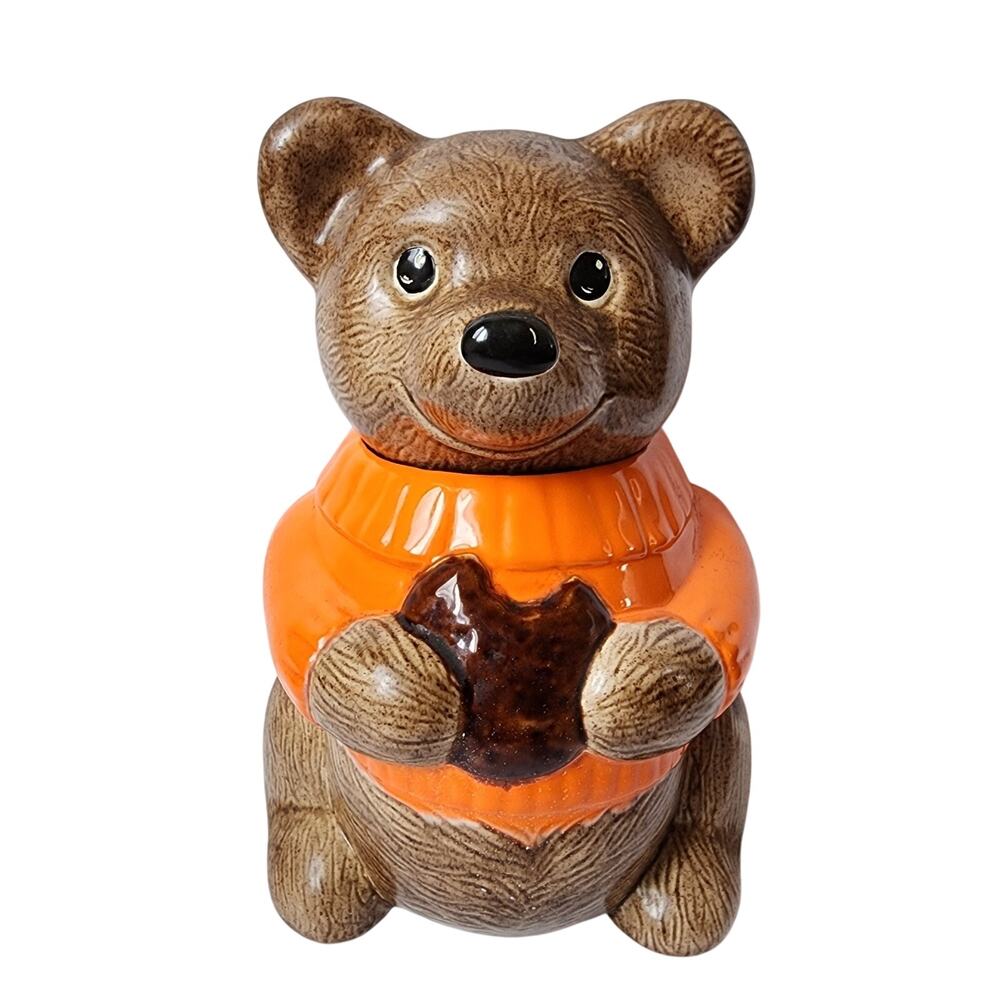 Vintage Ceramic Cookie Jar Bear Holding Cookie Orange Sweater 11" Tall Cute